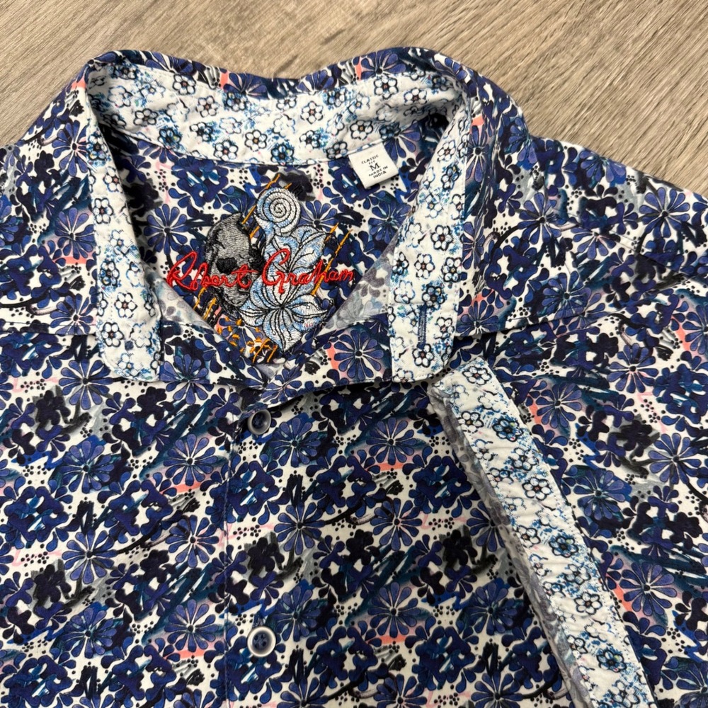 Robert Graham Mens Blue Floral Short Sleeve Button Down Shirt Classic Fit Size M